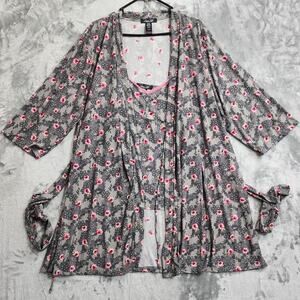 Rene Rofe Robe Womens XL Gray Pink Floral Lace Kimono Cami Top Lounge Casual 2pc